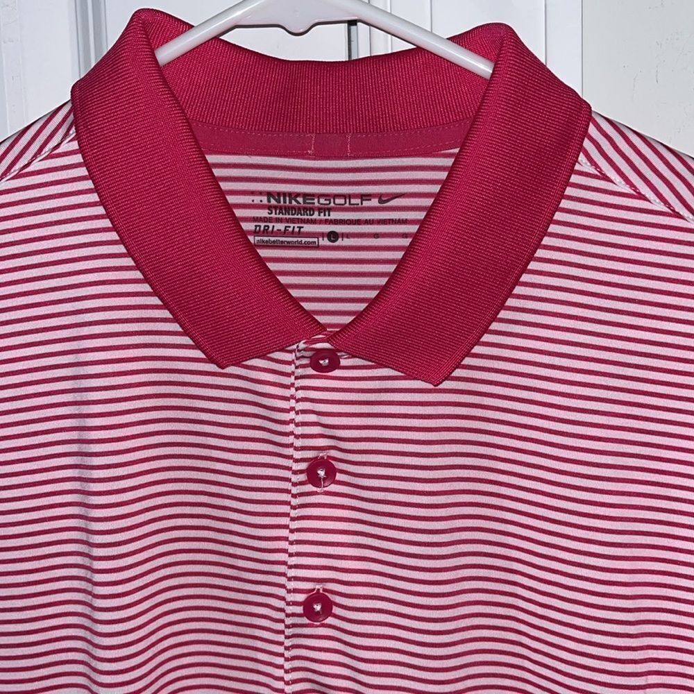 Nike Golf Pink & White Stripe mens DriFit polo shirt L Standard Fit Men’s